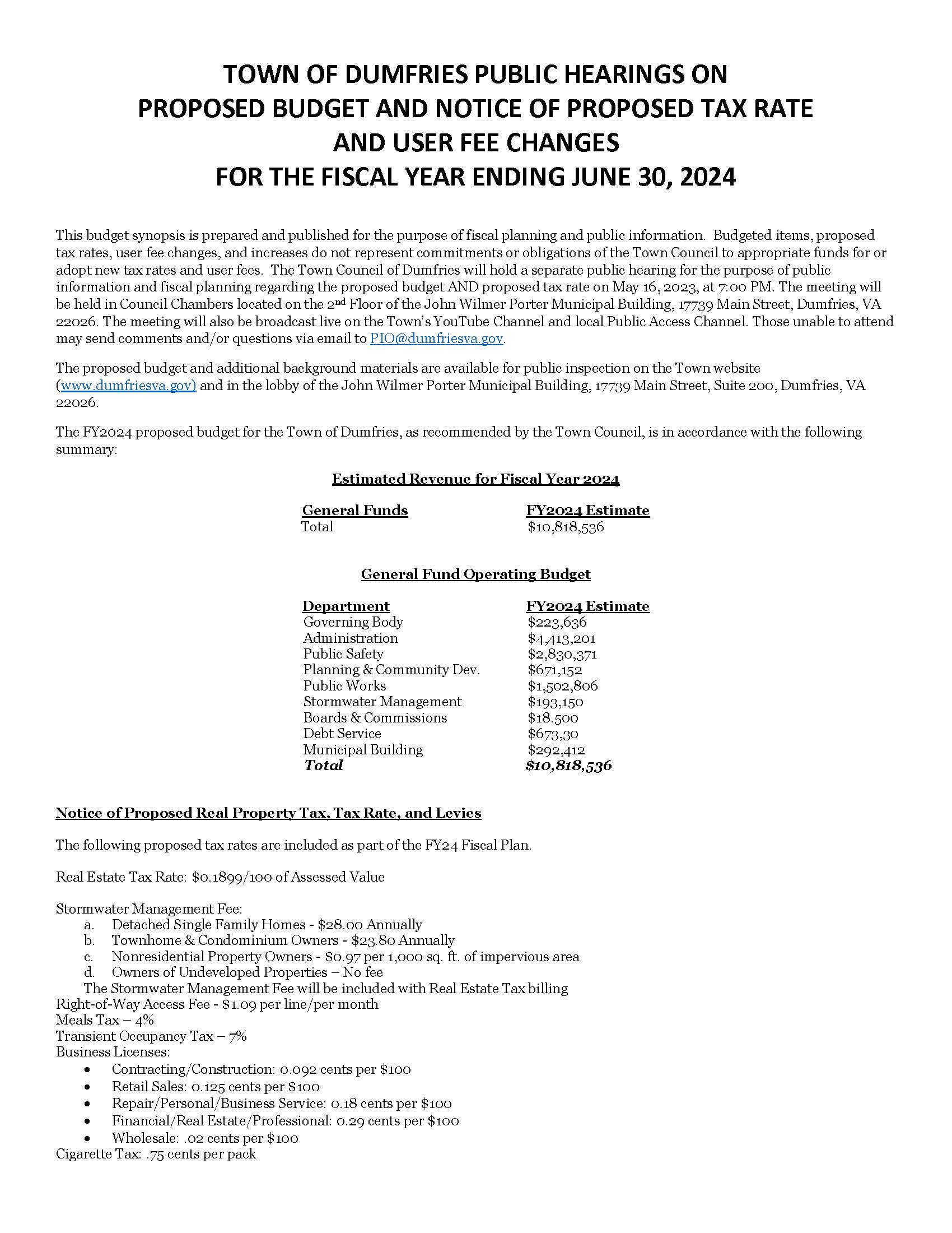 TOWN OF DUMFRIES BUDGET FY24 PUBLIC HEARING NOTICE FINAL